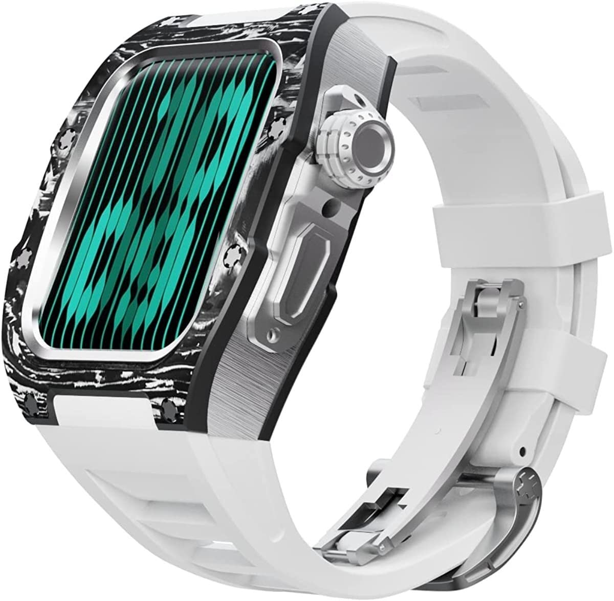 Wscebck Luxury Carbon Fiber Metal Case Rubber Strap with Clasp for Apple Watch 45mm 8 7, Modification Kit Metal Bezel Fluororubber Band for IWatch 44mm 6 5 SE 4