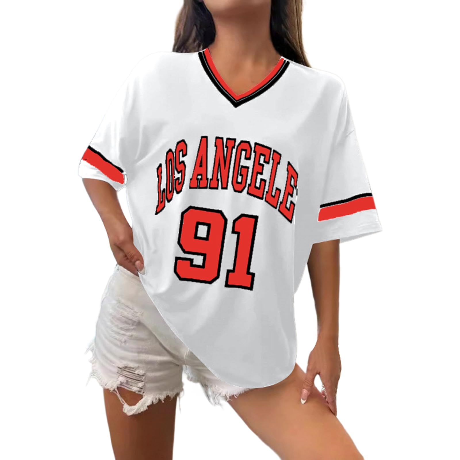 Women's Los Angeles Shirt Baseball Jerseys Oversized Y2k Number Shirts Graphic Striped Trim Casual Shirt V Neck Streetwear Striped Graphic Tee Casual Top Summer Sports Shirt, O Red, L