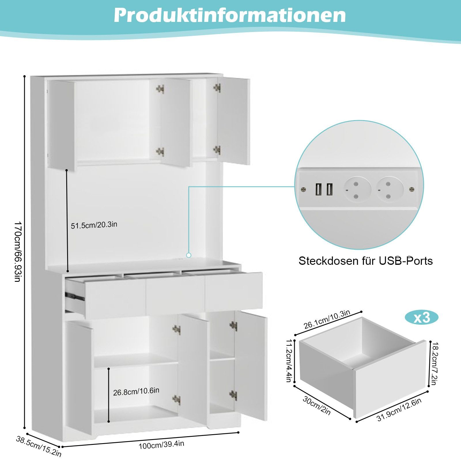 Armadio da cucina con illuminazione a LED, armadio alto a buffet, 170 cm, multiuso, con presa e 3 cassetti, scomparto aperto, da cucina, da bagno, da 170 x 100 x 38,5 cm, bianco