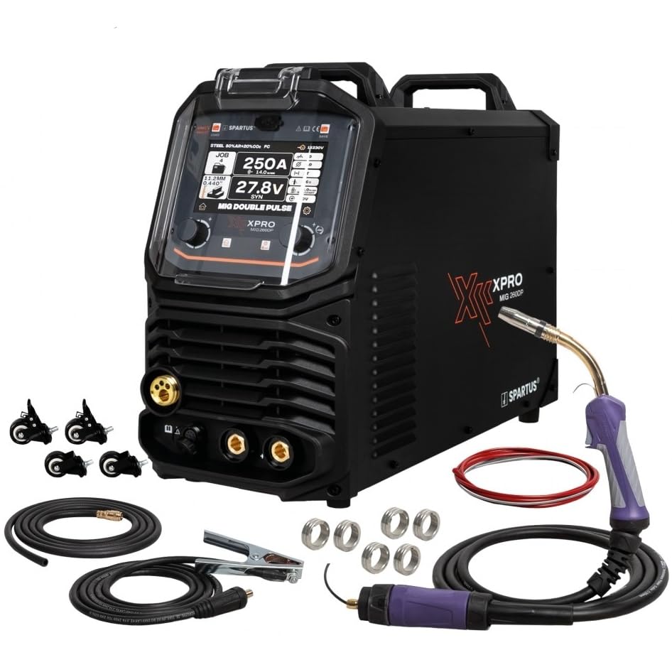 SPARTUS XPro MIG 260 Dual Pulse MIG MAG Estación de soldadura 250 A, Synergic, inverter 4 en 1, PFC, accionamiento de 4 rodillos, sin batería, multiproceso para aluminio y acero inoxidable, TIG Lift