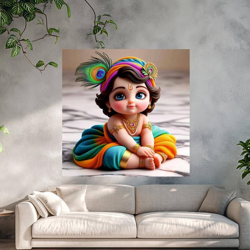 Image of British Terminal Cute little Bal Gopal Baby God Krishna| Kanha Ji | Laddu Lord Makhan Chor Painting Religious Poster for Pregnant Women for wall (matt thin vinyl,sticker,multicolor,unframed)| bj401