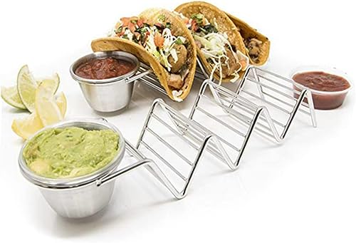 Miniatura 3 de Soporte para tacos de acero inoxidable, 3 rejillas en forma de V, bandeja para tacos con taza de salsa, bandeja de metal para servir tortilla de