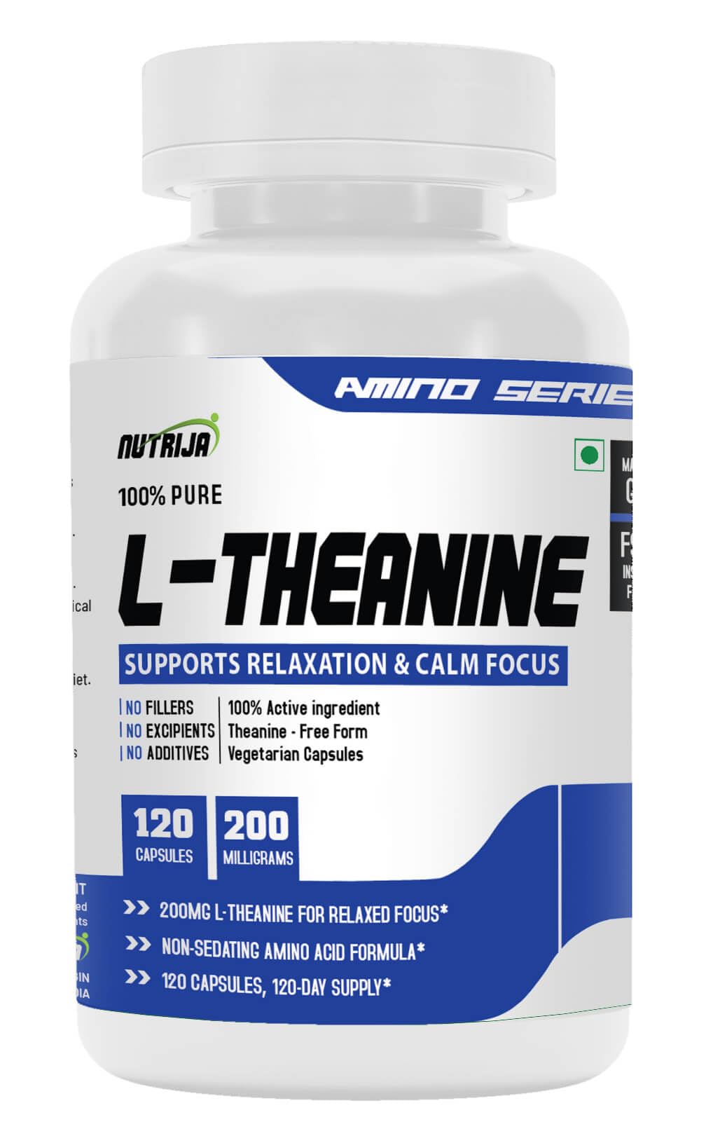 Nutrija L-Theanine 200mg | Pure Amino Acid L-Theanine Supplement for Relaxation & Calm Focus- 120 Veg Capsules