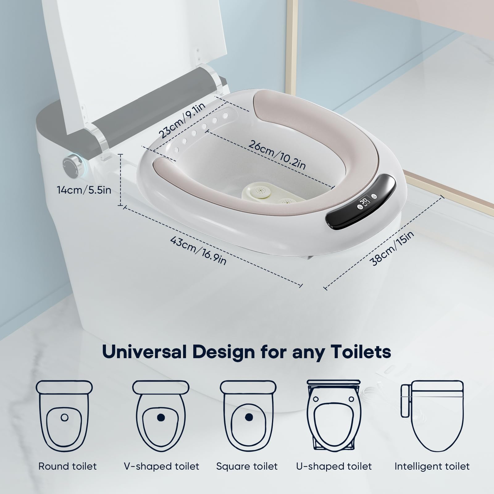 Elektrischer Sitzbad, Sitzbadewanne für Toilette mit Doppelreinigungsmodi, 3 Intensitätsstufen und LED Temperaturanzeige, für Schwangere, Hämorrhoiden und ältere Menschen