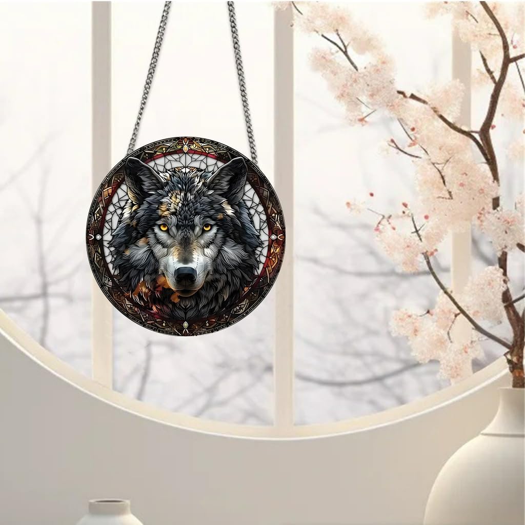 Wild Wolf Acrylic Window Hanging Jungle Animal Stained Suncatchers for Window Acrylic Panels Bedroom Garden Kitchen Wall Decoration Gifts for Women Mom Grandma Teacher