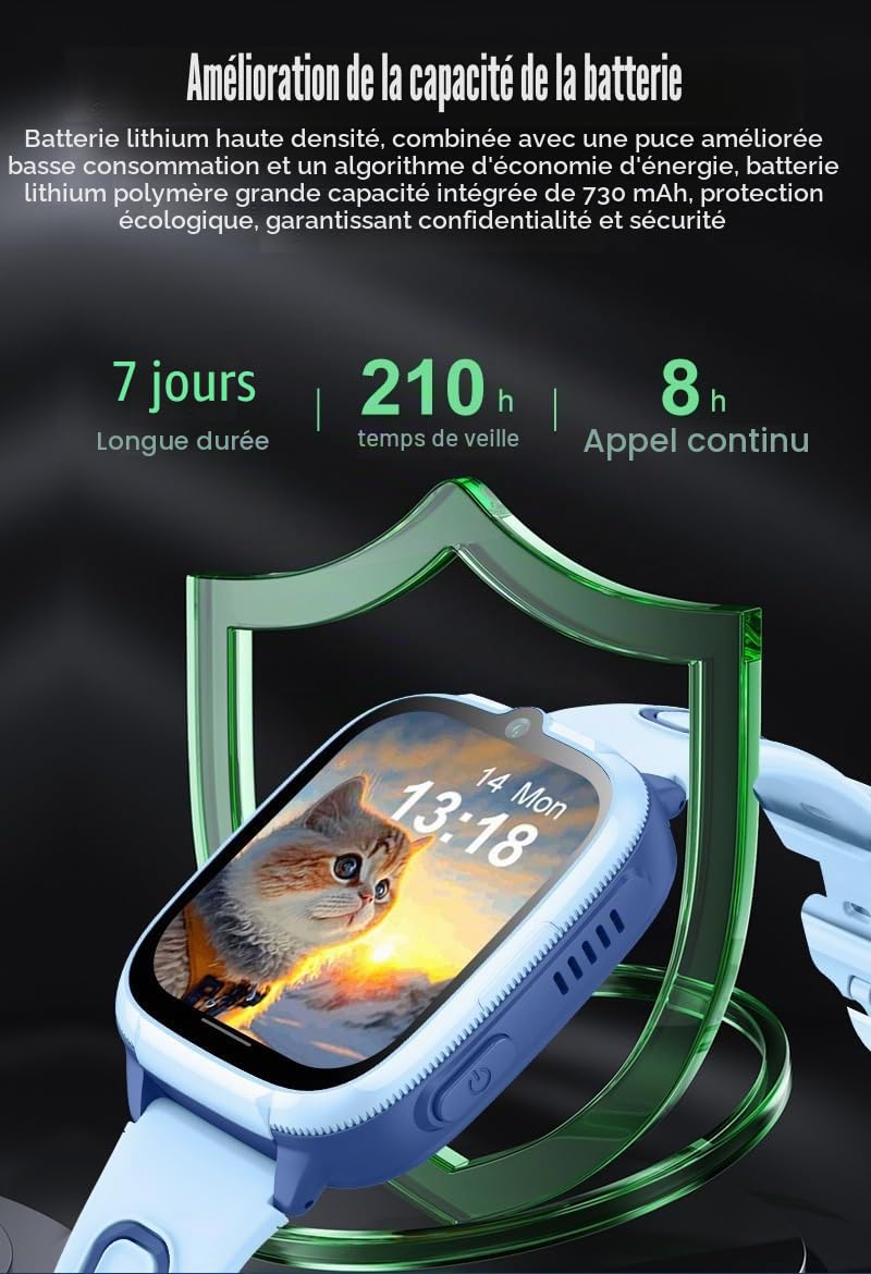 Montre intelligente 4G pour enfants avec traqueur GPS et appel vidéo – Écran tactile HD de 1,8", SOS, suivi d'itinéraire, chat vocal et texte, étanchéité IPX7, mode école, montre intelligente