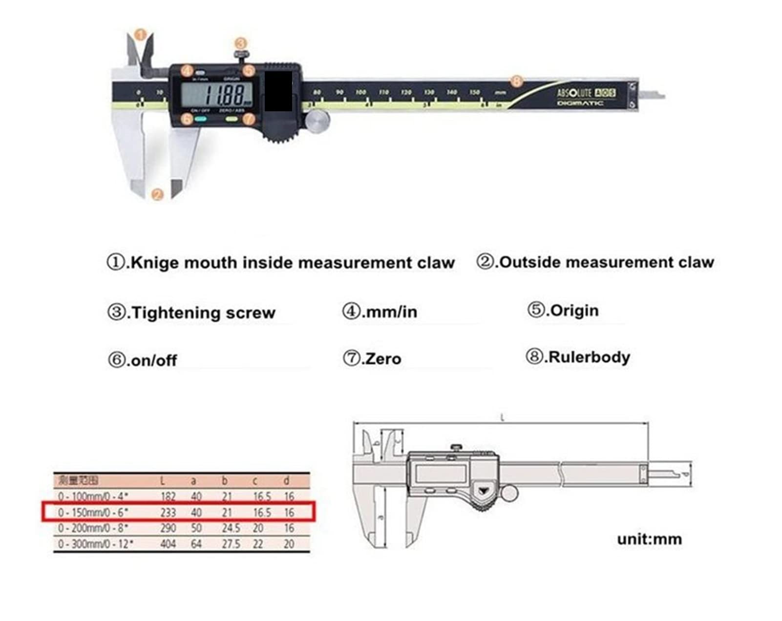 Suwmiarka cyfrowa, Cyfrowe Cyfrowe zaciski Vernier 12 cali 0-150 200 300mm 500-193-20 Caliper LCD Elektroniczna pomiarowa stal nierdzewna(500-196-20 150mm)