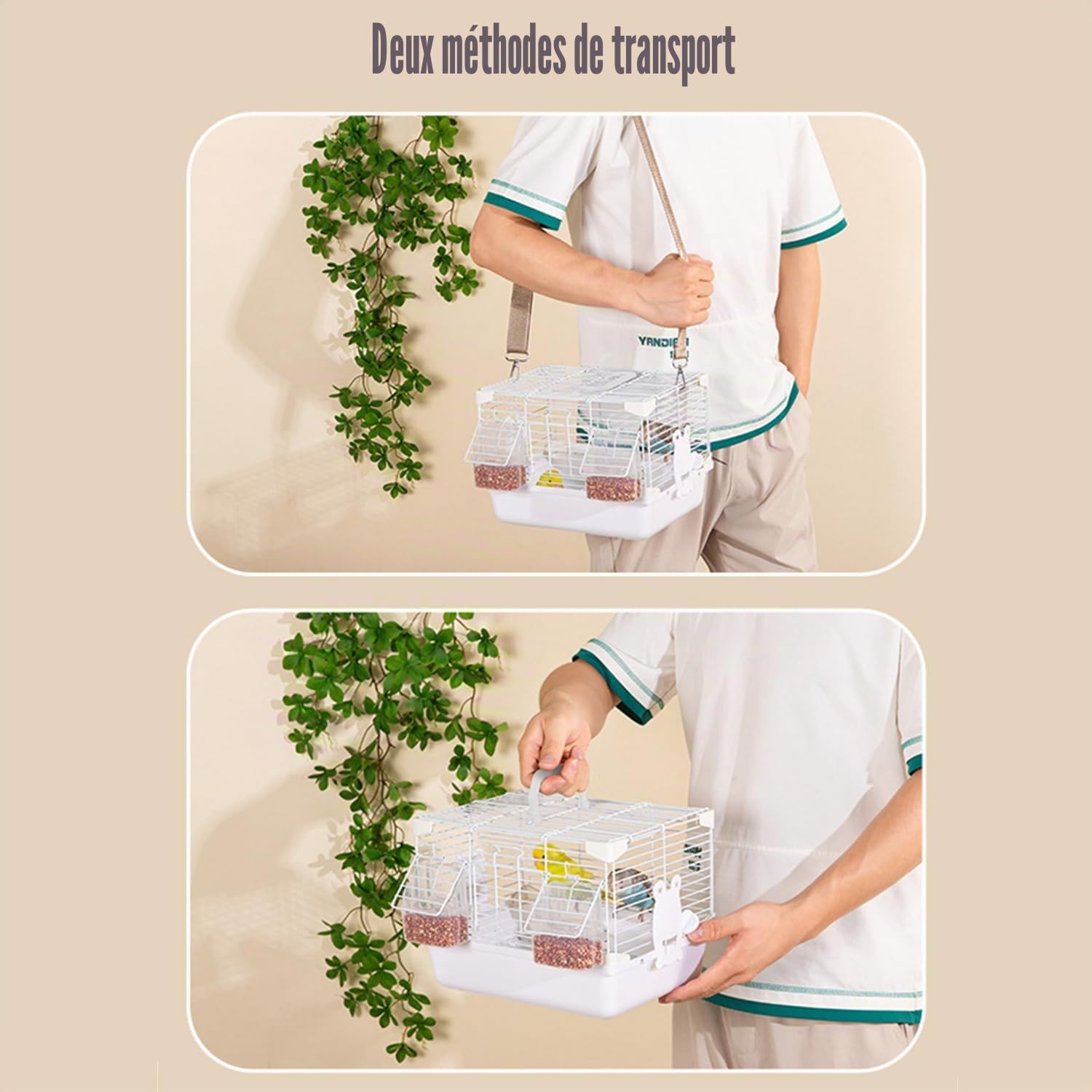 Transporteur Portable pour Petits Oiseaux Cage de Voyage pour Oiseaux avec Mât Debout Boîte à Repas pour Perroquets Perruches Cacatoes Cage à Oiseaux Portable avec Bretelle, Gris