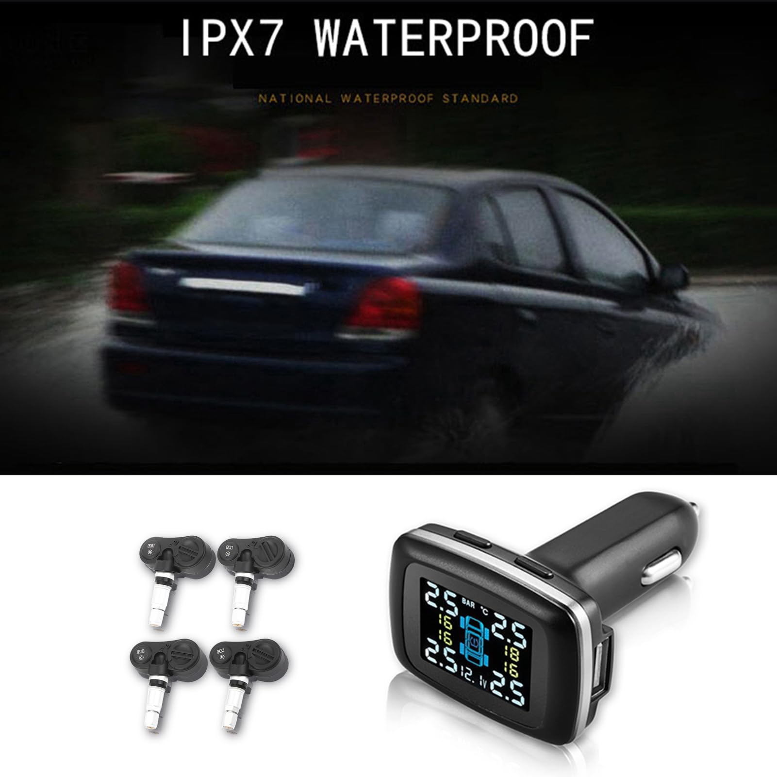 Inteligentny system monitorowania ciśnienia w oponach TPMS dla samochodów z 4 czujnikami wewnętrznymi, odbiornikiem z gniazdka zapalniczki samochodowej, bezprzewodowym
