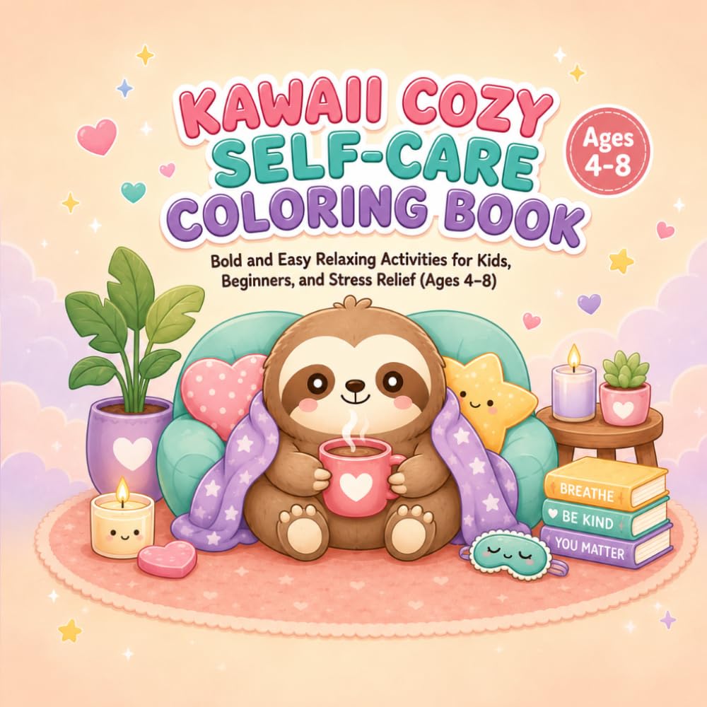 Kawaii Cozy Self-Care Coloring Book: Bold and Easy Relaxing Activities for Kids, Beginners, and Stress Relief (Ages 4-8)