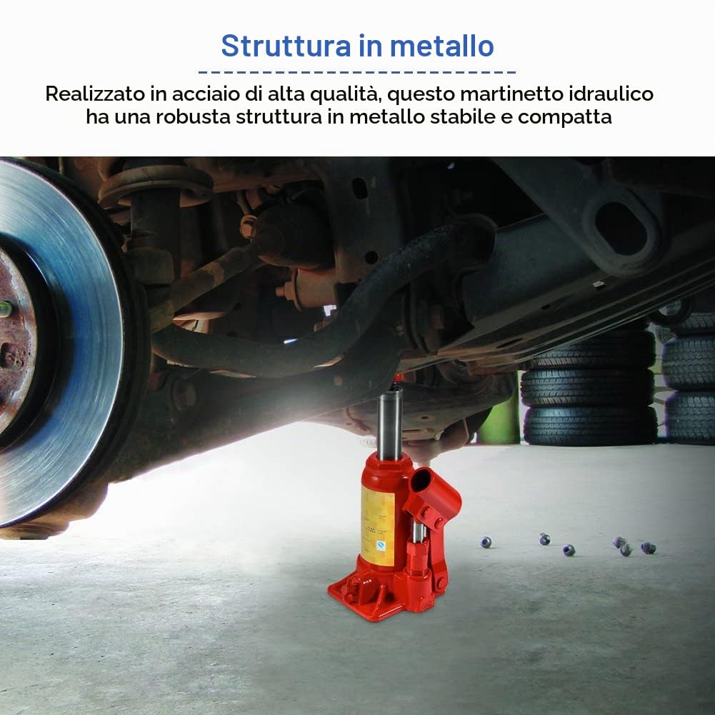 Cric Idraulico a Bottiglia 2T, Sollevamento Verticale, Base Allargata | Sollevatore a pistone in acciaio, per officina e manutenzione auto, fusione integrale rinforzata, vite regolabile antisc