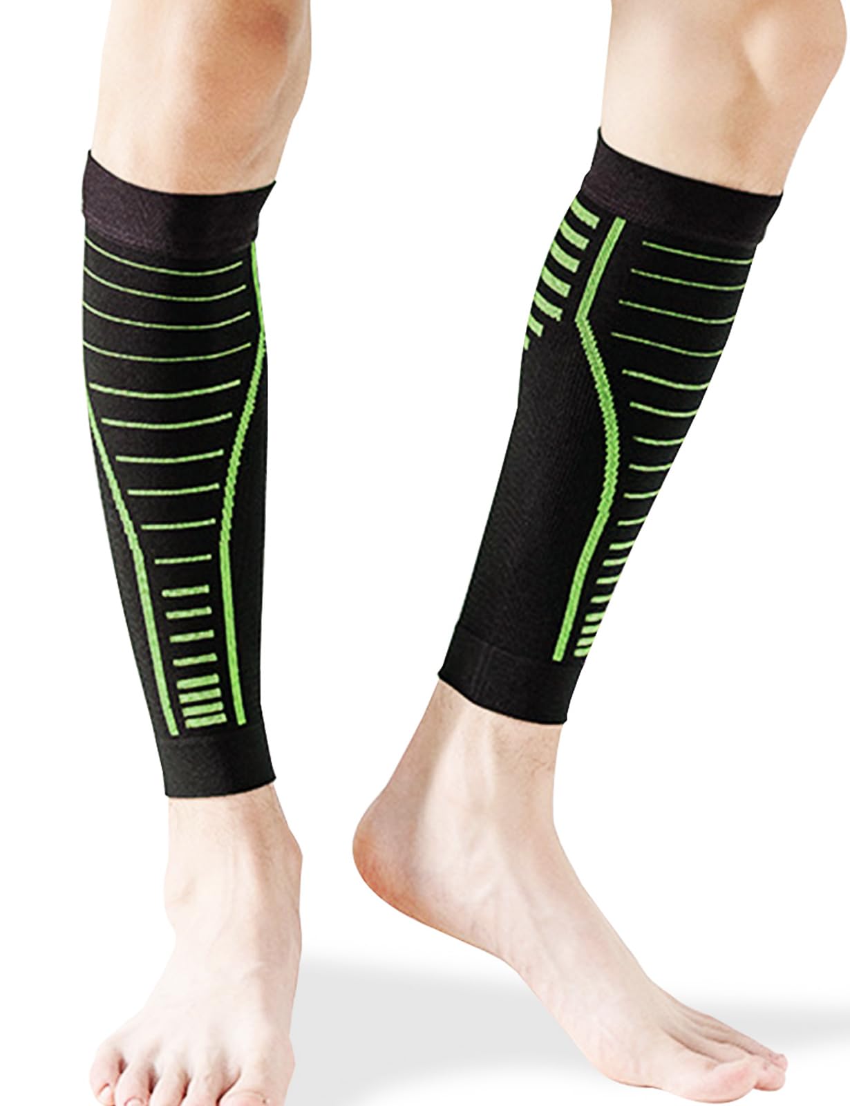 Rolxmed Calf Sleeves Compression Support for Night Running Soccer Football Fitness Sports Men Women (2Pcs/pack)(Black/Green, L/XL)