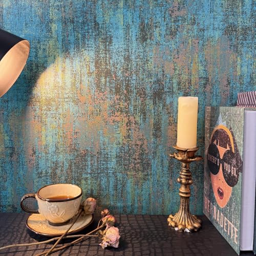 HueBurst 17.3'x 480' Metallic Wallpaper Peel and Stick Blue Gold Wallpaper for Bathroom Office Modern Distressed Industrial Self Adhesive Wall Paper for Bedroom Kitchen