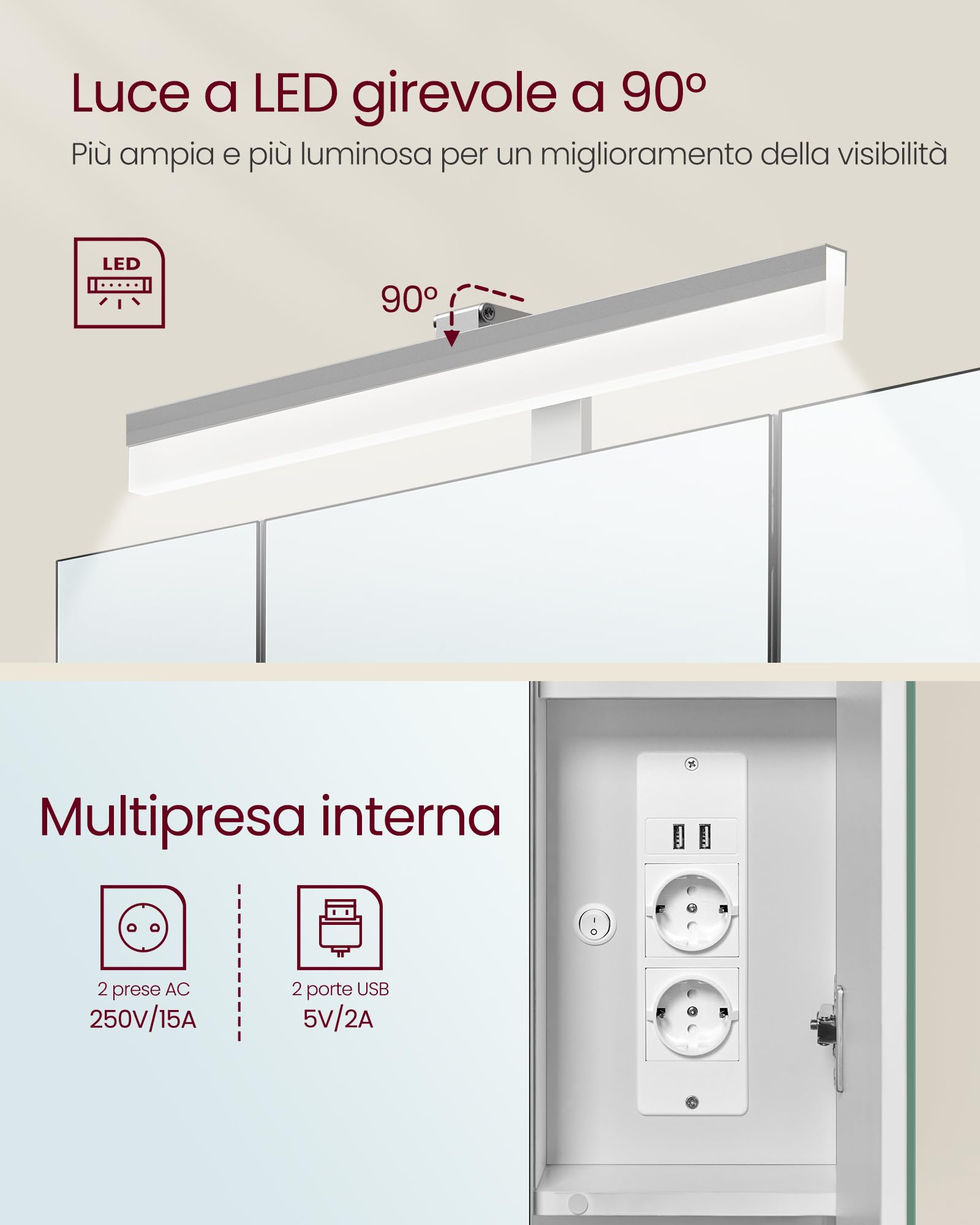 VASAGLE Mobile da Bagno con Illuminazione LED, 16,5 x 70 x 75 cm, Cestino Sospeso, Supporto per Asciugacapelli, per Lavabo, Bianco Nuvola BBK126W01