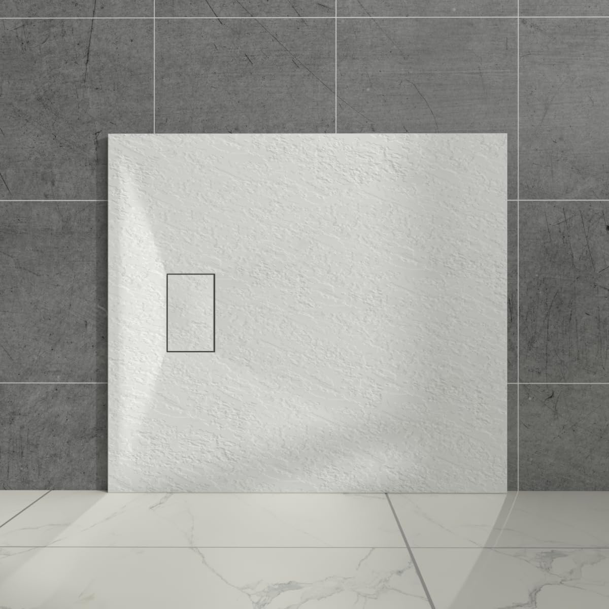 Aquariss White Rectangular Shower Tray Slate Effect SMC Slip-Resistant Shower Base for Bathroom Enclosures 1100x900mm with Waste