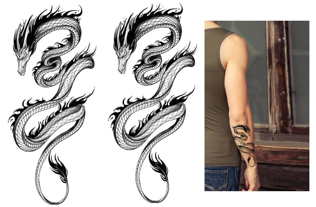 2 Temporäre Drachen-Tattoos – Fake Tattoo Für Festivals, Größe Ca. 19 X 12 Cm, Hält 4-6 Tage
