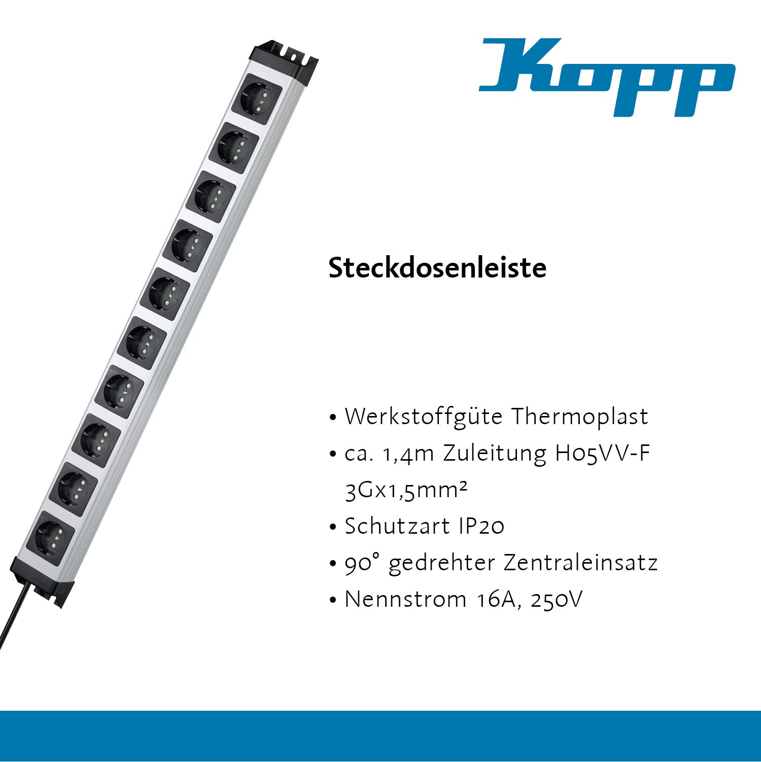 Kopp 227120011 Powerversal Listwa Zasilająca, 3600 W, Czarno/Srebrny, 1,4 m Długości, 10 Gniazdek, Ochrona Przed Dotykiem
