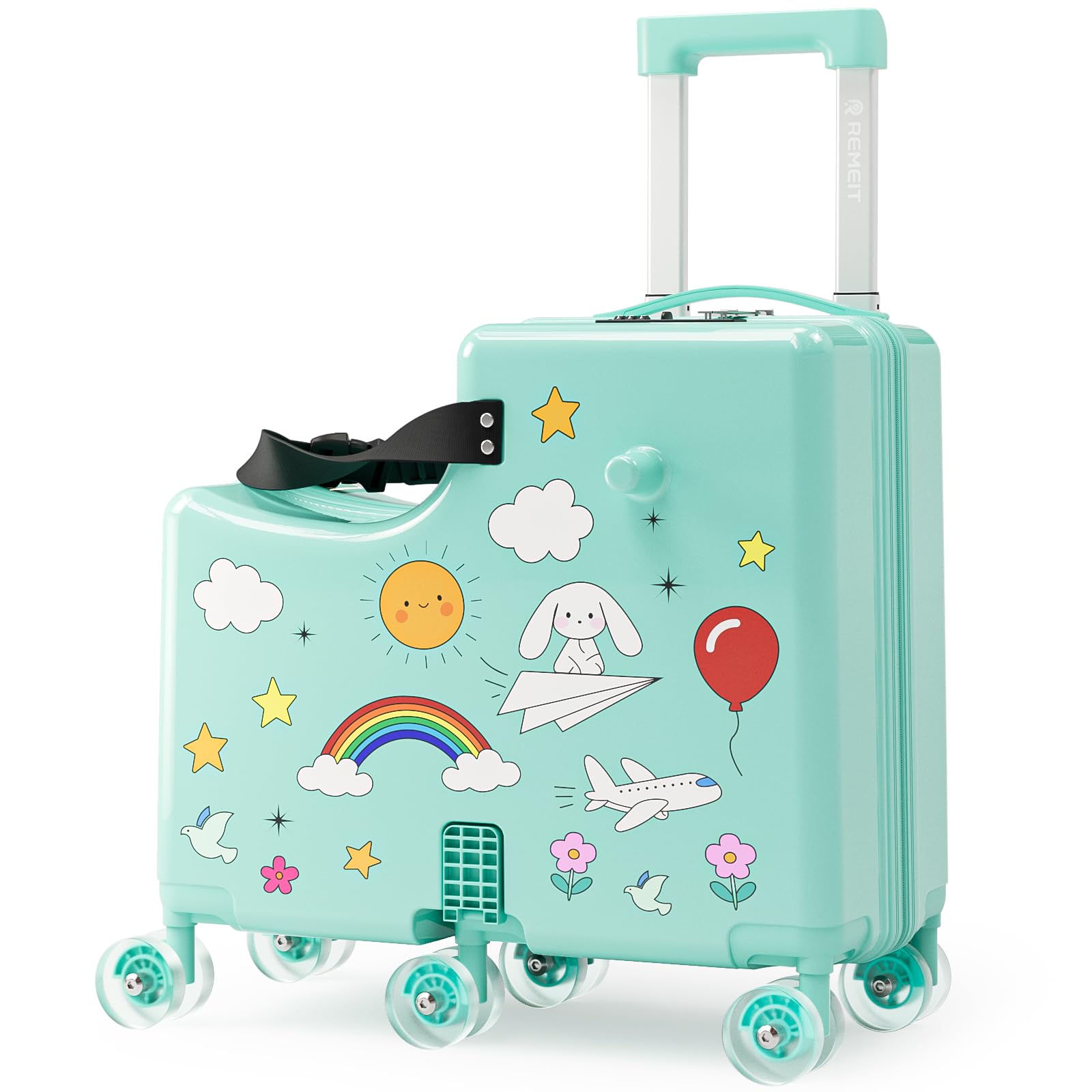 Valigia per bambini, bagaglio rigido per bambini con cintura, pedale pieghevole e maniglie anteriori, portabicchieri nascosto, serratura TSA, 6 ruote girevoli, valigia da viaggio per bambini