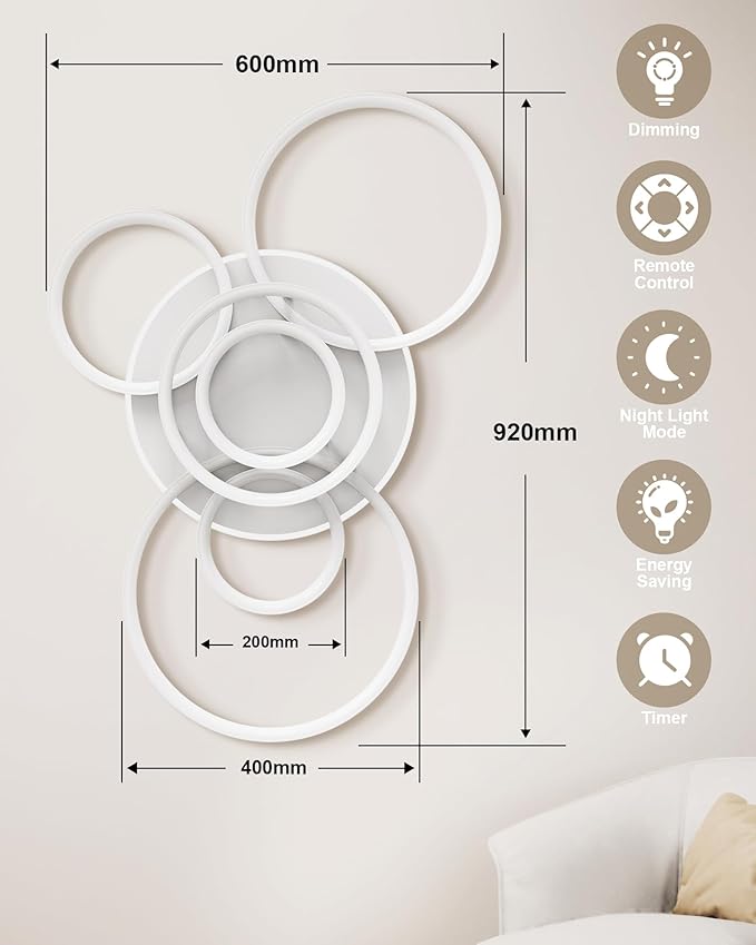 MOUNM Led-plafondlamp, dimbaar, 3000 K - 6000 K, moderne plafondlamp, 84 W, 6900 lm, voor slaapkamer, keuken, gang, balkon, badkamer, huisdeuren, kinderkamer, 92 x 60 cm photo 3