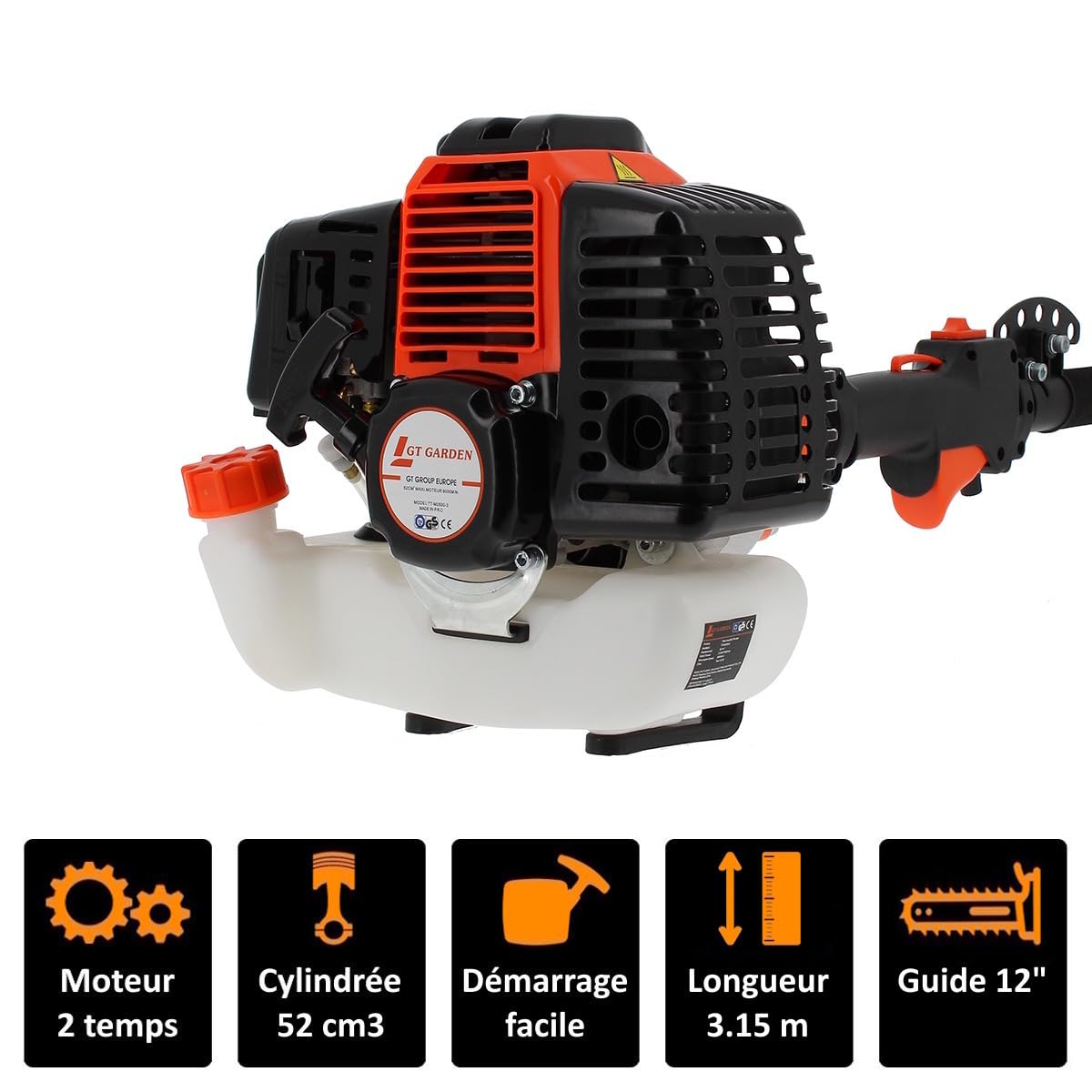 Élagueuse thermique sur perche, 52 cm3, 3 CV, longueur 3.15 mètres