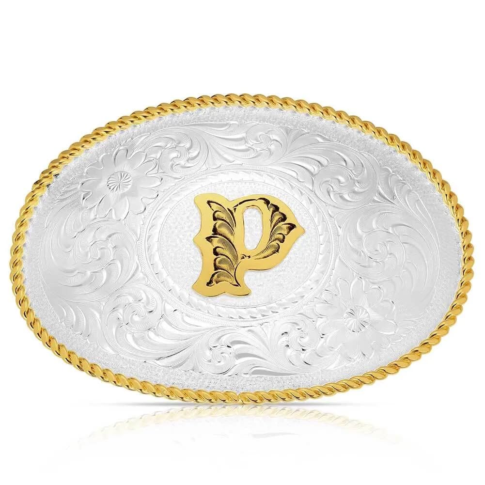 Montana Silversmiths Initial Engraved Gold Trim Western Belt Buckle