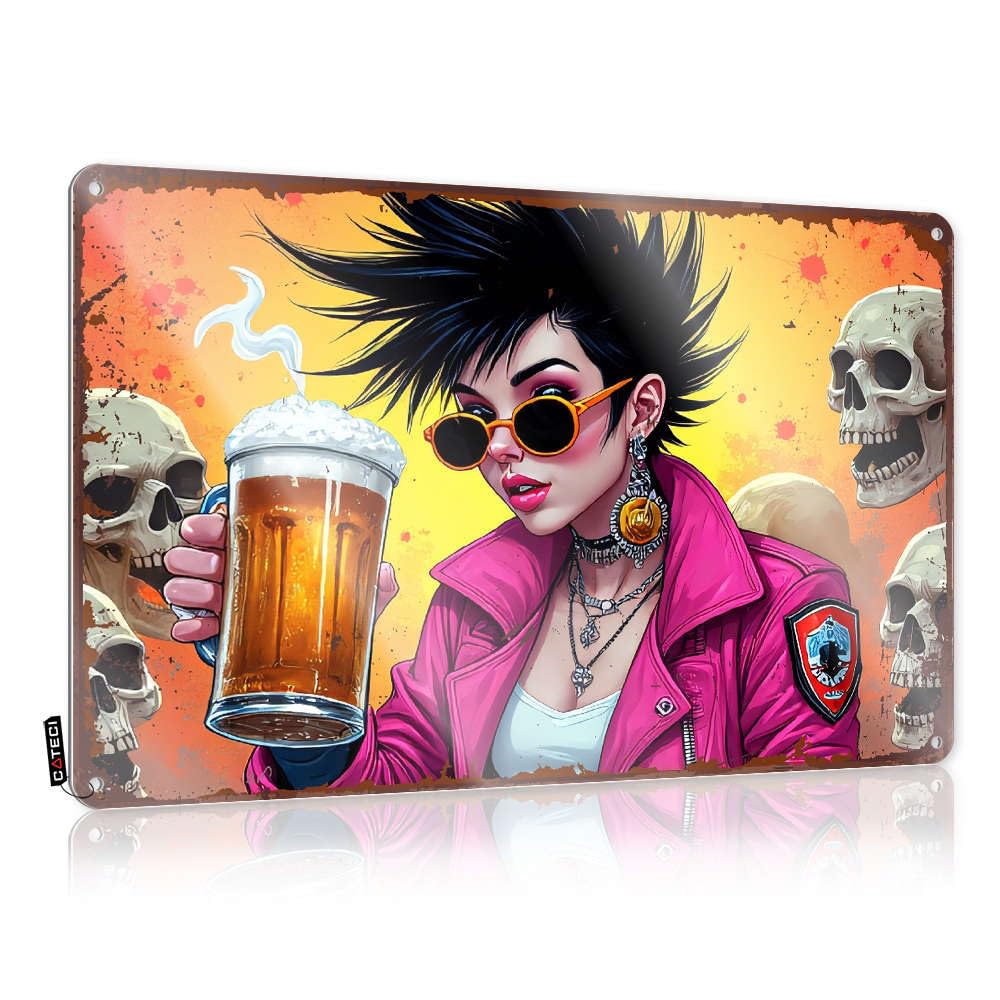 Fzfn Women's Colour Teen Room Decor Weathered Farmhouse Signs - Girl With Beer And Skulls. Rustic Wall Art Nice Easy Hang For Rv(30X40cm)