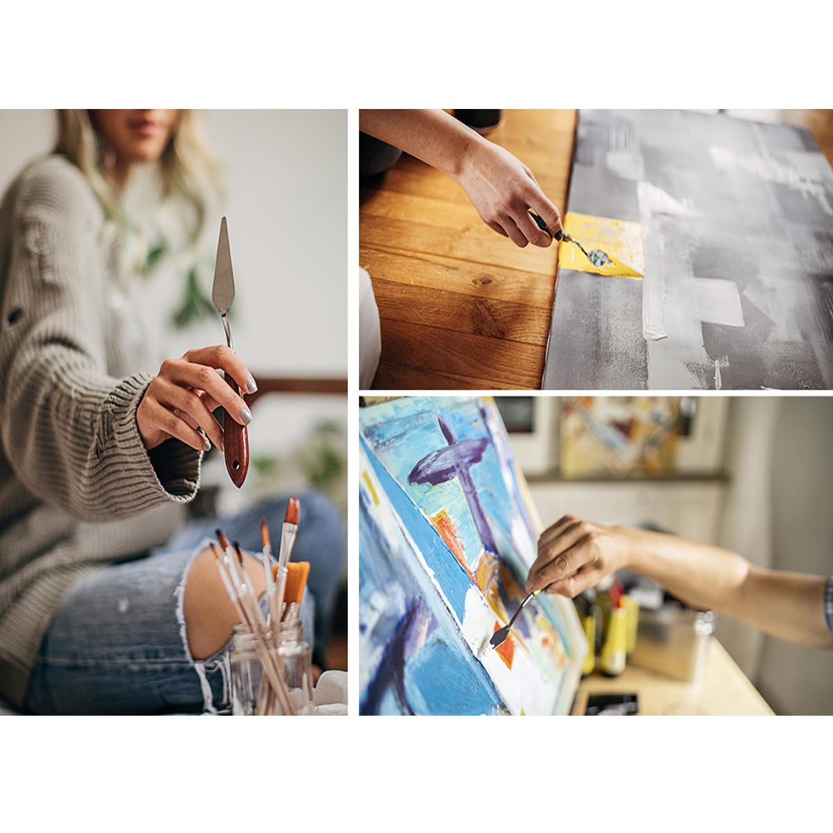 Cuchillos de pintura de acero inoxidable, espátula, paleta, cuchillo profesional, mango de madera, accesorios de pintura al óleo, juego de mezcla de colores para pintura al óleo, lienzo, pintura