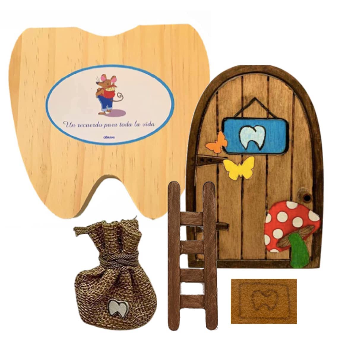 ABUBU Puerta Ratoncito Pérez mágica con Caja para Dientes de leche en Español, Carta, Escalera, Bolsita, Regalo original niño niña Ratón Pérez. Hecho a mano en España. Recuerdo Infancia