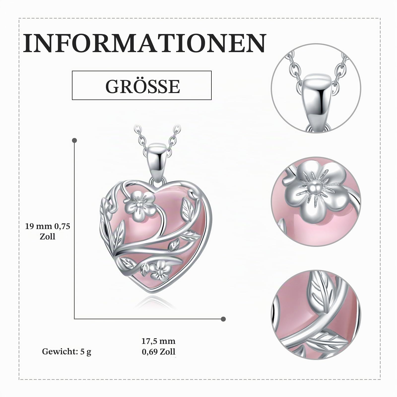 YFN Kristall Kette Sterling Silber Herz Halskette Blume Kristall Stein Anhänger Rosenquarz Schmuck Geschenke für Frauen Geburtstag Geschenke für Mama