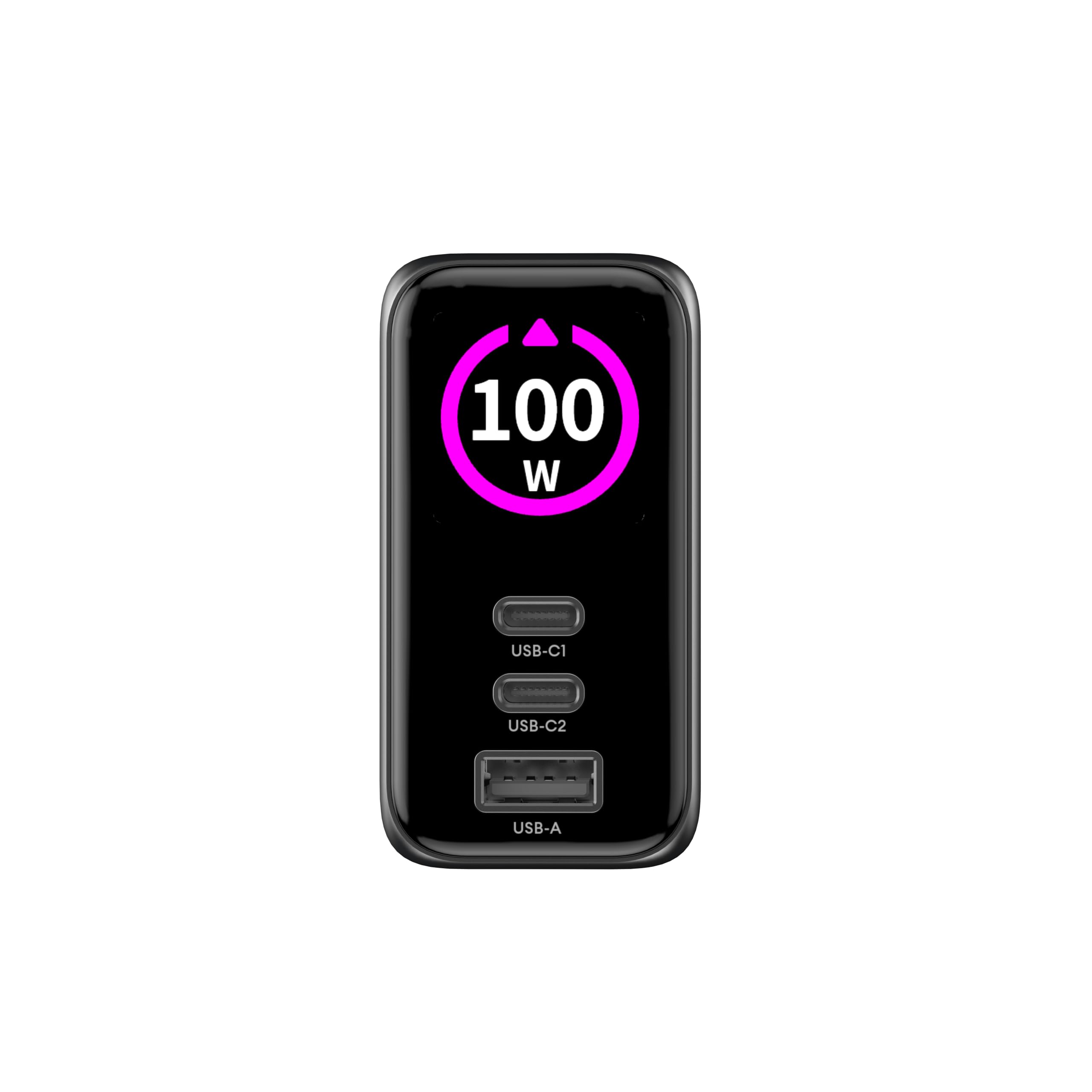 Celly - GaN Ladegerät 100 W mit LED-Display und 3 USB-C-/USB-A-Anschlüssen, ultraschnelles Aufladen für mehrere Geräte