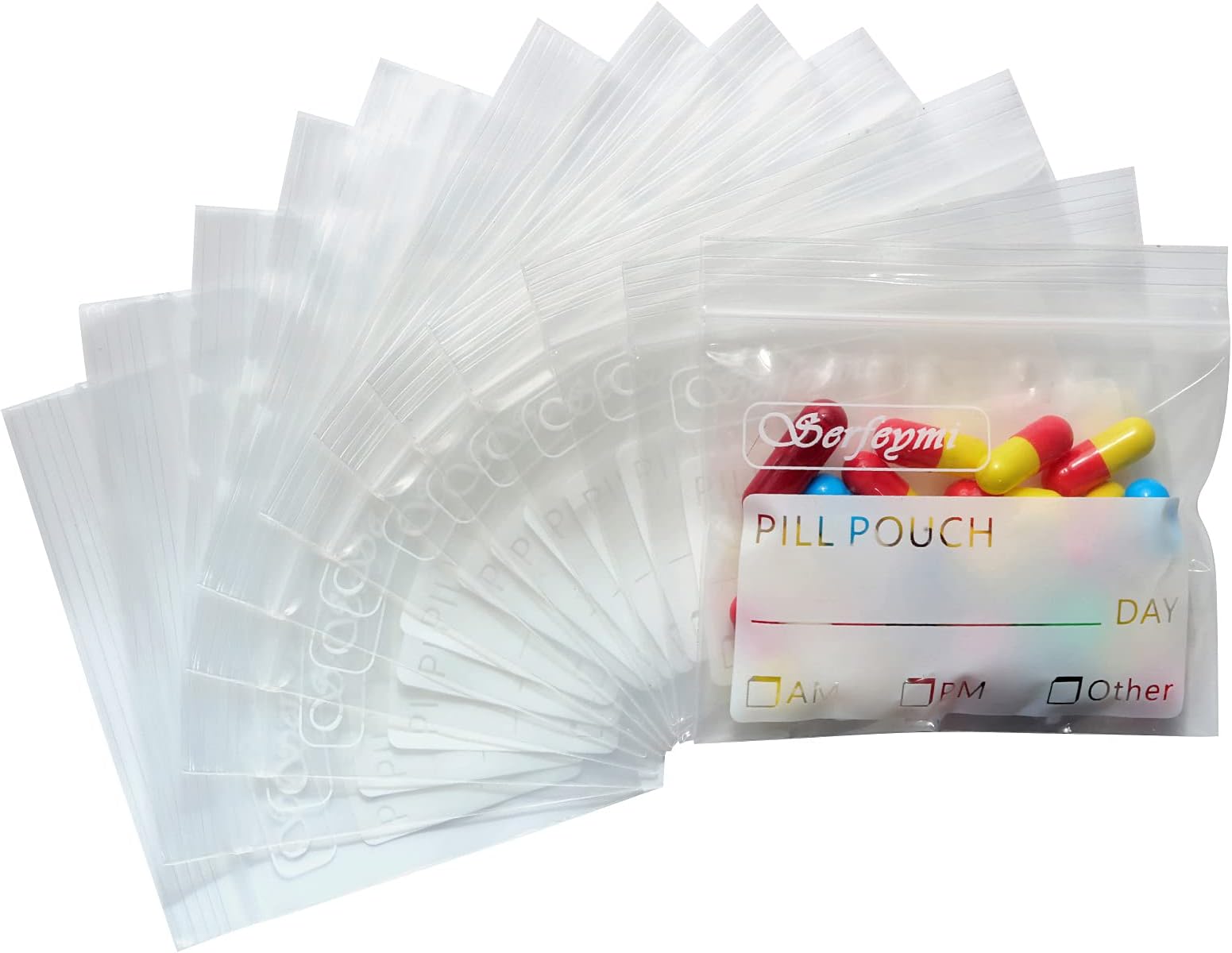 Serfeymi Pill Bags for Travel Pill Pouch Organizer Pack of 120 BPA Free 3 x 2.75 inch Reusable Pill Pouches for Medicine with Write on Label & Zipper Seal Waterproof AM PM Pill Baggies for Supplements