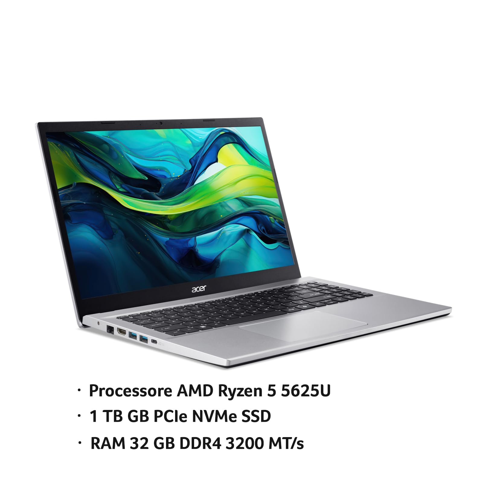 acer Aspire Go 15 AG15-42P-R5V8 PC Portatile, Notebook, Processore AMD Ryzen 5 5625U, RAM 32 GB DDR4, 1024 GB PCIe NVMe SSD, Display 15.6" FHD, Scheda Grafica AMD Radeon, Windows 11 Home, Silver
