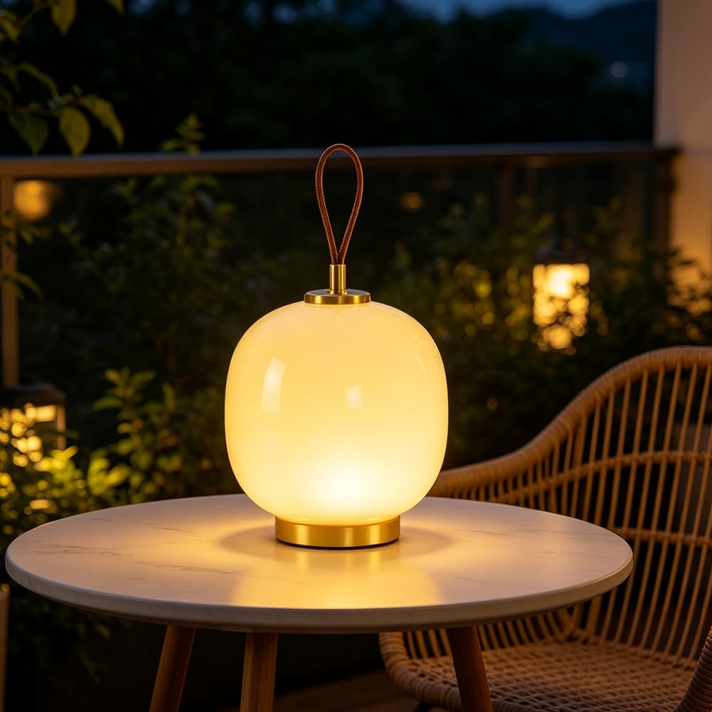Akku Tischlampe LED Kugel Glas Vintage Tischleuchte Kabellos Batteriebetrieben Dimmbar Nachttischlampe USB Aufladbar Runde Retro Deko Nachtlicht Tragbar für Schlafzimmer Esszimmer,Beige