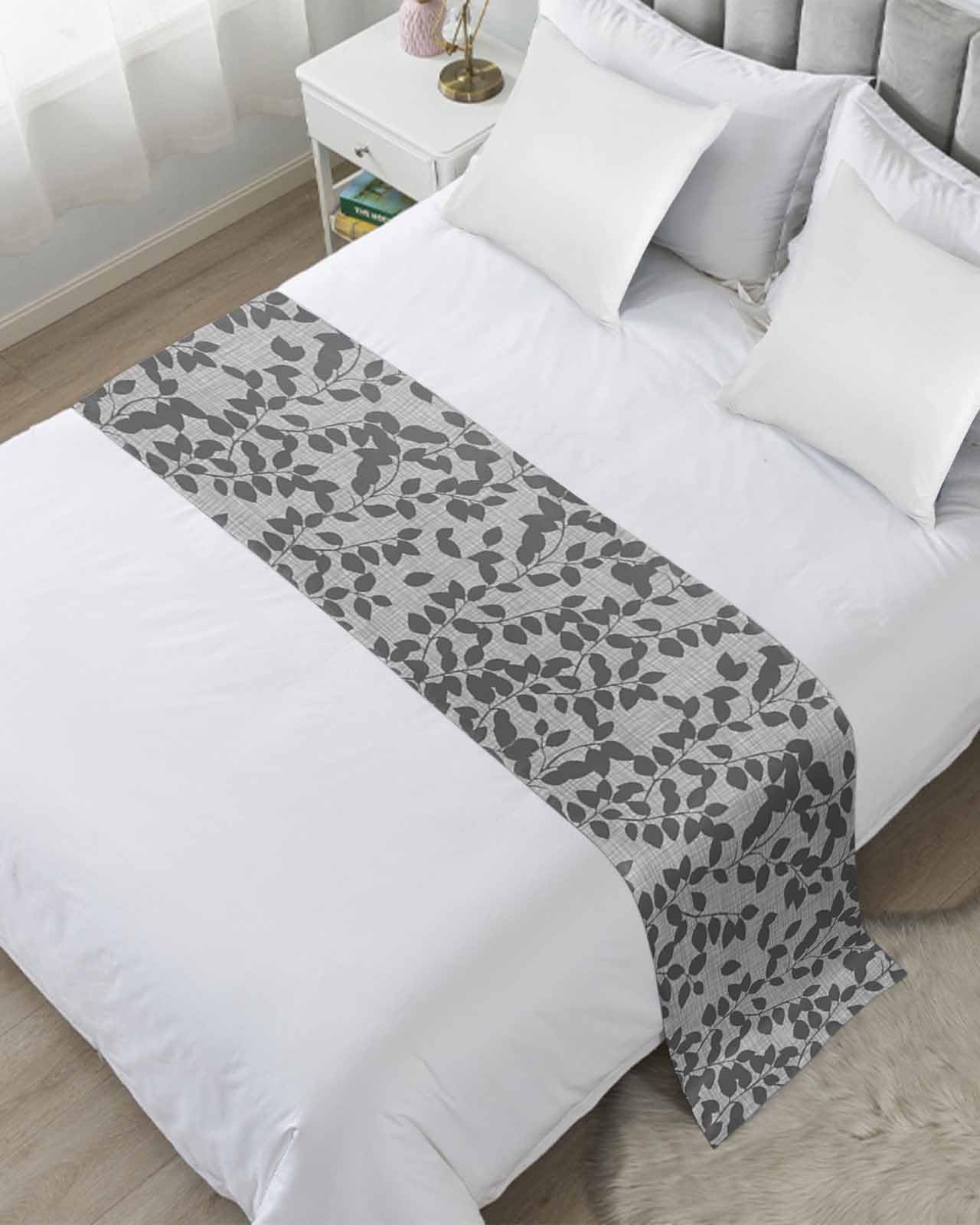 Gray Leaves Bed Runner Scarf King Size, Luxury Bed Throw Runners & Scarves for Twin Full Queen King Foot of Bed, Bedroom Hotel Wedding Room Decoration