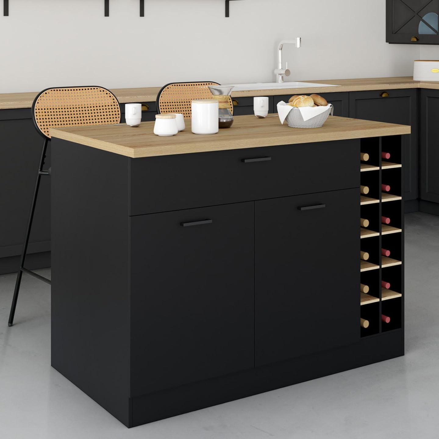 IDMarket - Ilot Central George avec Range-Bouteilles Placard et tiroir Bois Noir avec Plan de Travail façon hêtre