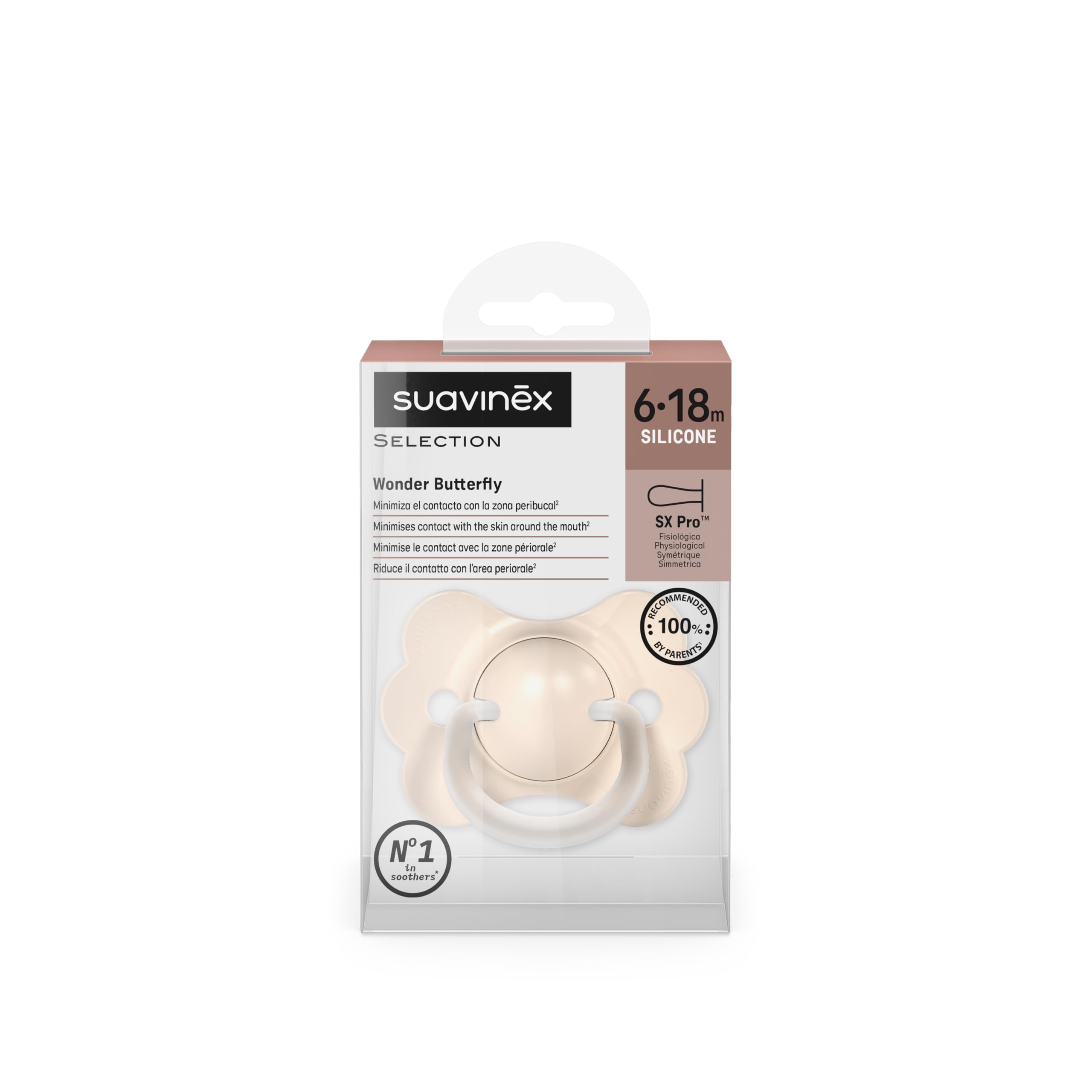 Suavinex, Chupete Bebés 6/18 Meses, con Tetina Fisiológica de Silicona SX Pro, Simétrica, Plana y Flexible, Respeta el Desarrollo Bucodental, con Anilla, Forma que Evita Rozaduras, Wonder Liso Beige - 5
