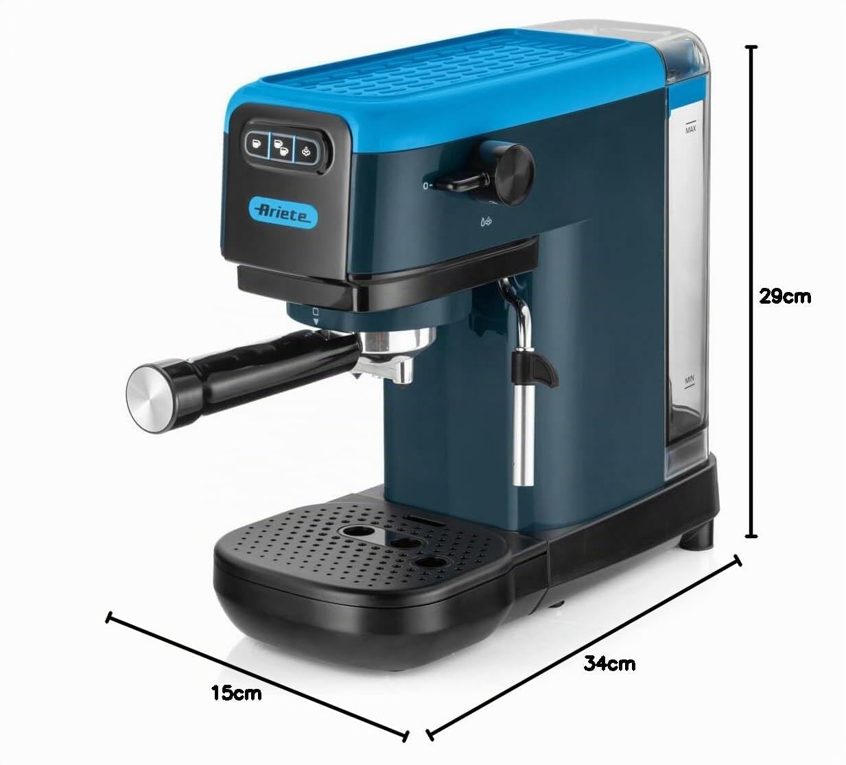 Ariete 1399 Machine à Café Percolateur, pour Expresso, Cappuccino, Thé et Tisane, Compatible avec le Café en Poudre et les Dosettes ESE, 1300 W, 15 Bar de Pression, Filtre 1-2 Tasses, Sky Blue