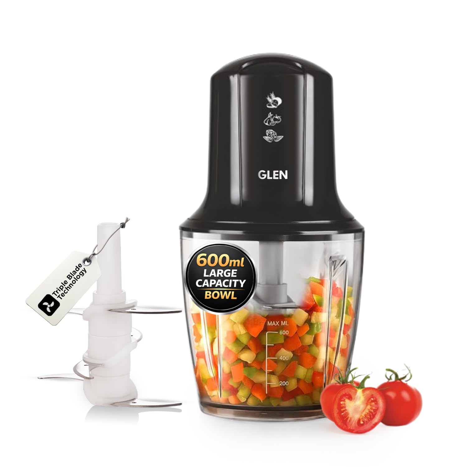 Glen Electric Chopper for Kitchen, Large 600ml Bowl, 300W Mini Fruit & Vegetable Cutter with 3 Rust-Resistant Stainless Steel Blades, Whisker Disc, Chops Onion & Nuts - Black (4042TUPLUS)-image-6