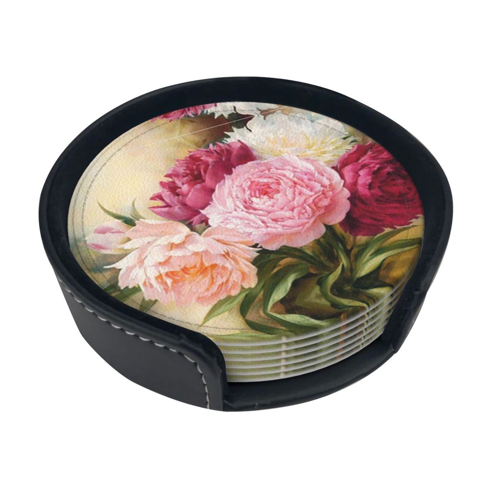 Coasters Set Of 6 Peony Flowers Blossom Print Leather Coasters For Drinks,Home Décor And Housewarming Gift