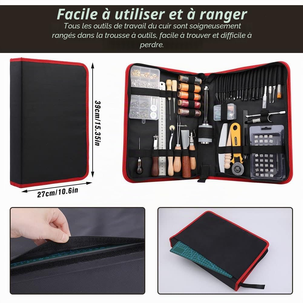 Kit d'outils en Cuir, kit de Couture en Cuir, Outil de Traitement du Cuir avec Outils de découpe en Cuir, kit de Rivets en Cuir, Grover, Tapis de Coupe, perforateur à Dents et Sac de Rangement