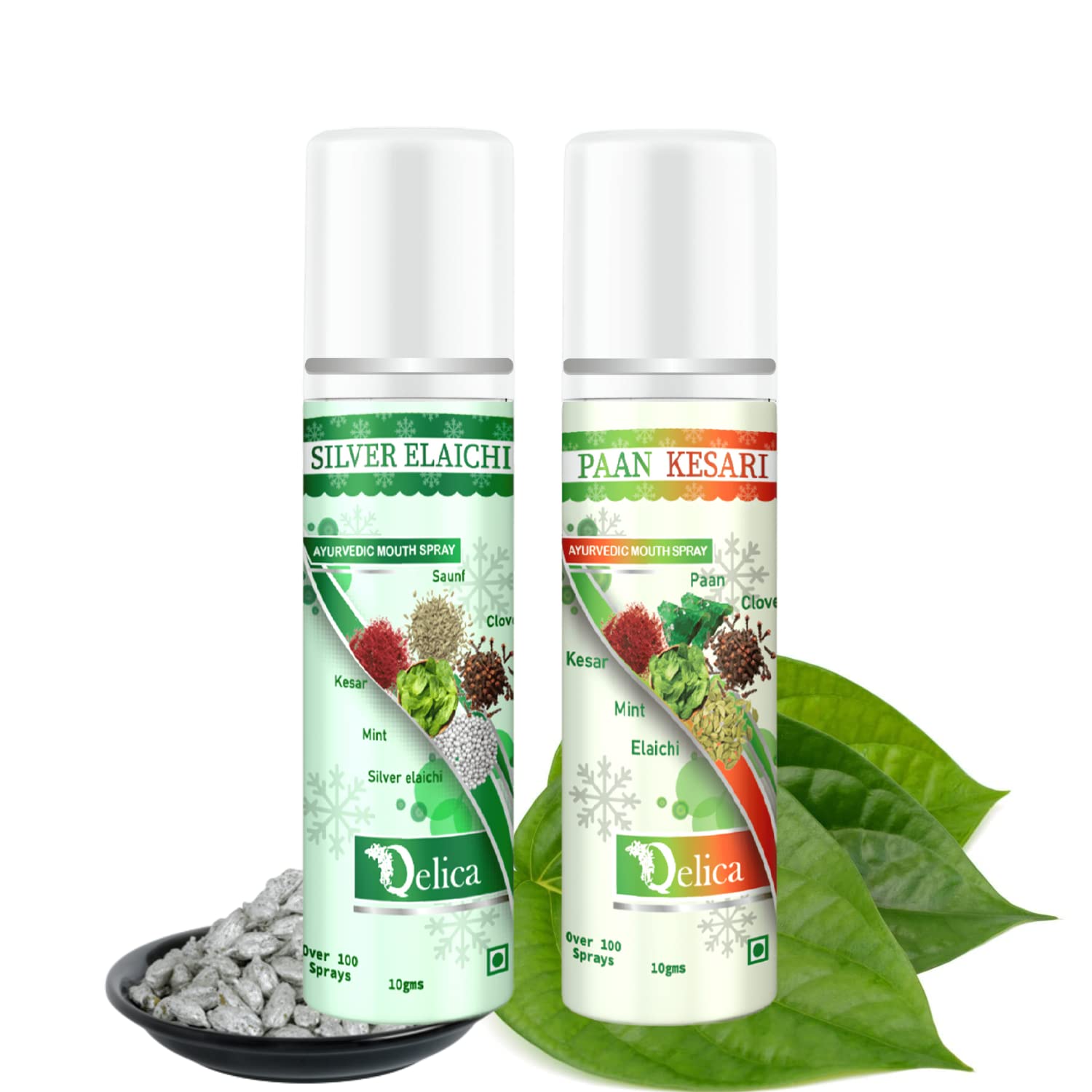 Qelica Paan Kesari & Silver Elachi Ayurvedic Mouth Spray 20 gram Breath Freshener for Oral Hygiene Fresh Breath 100+ Spray for Men and Women Long Lasting, Pocket Friendly