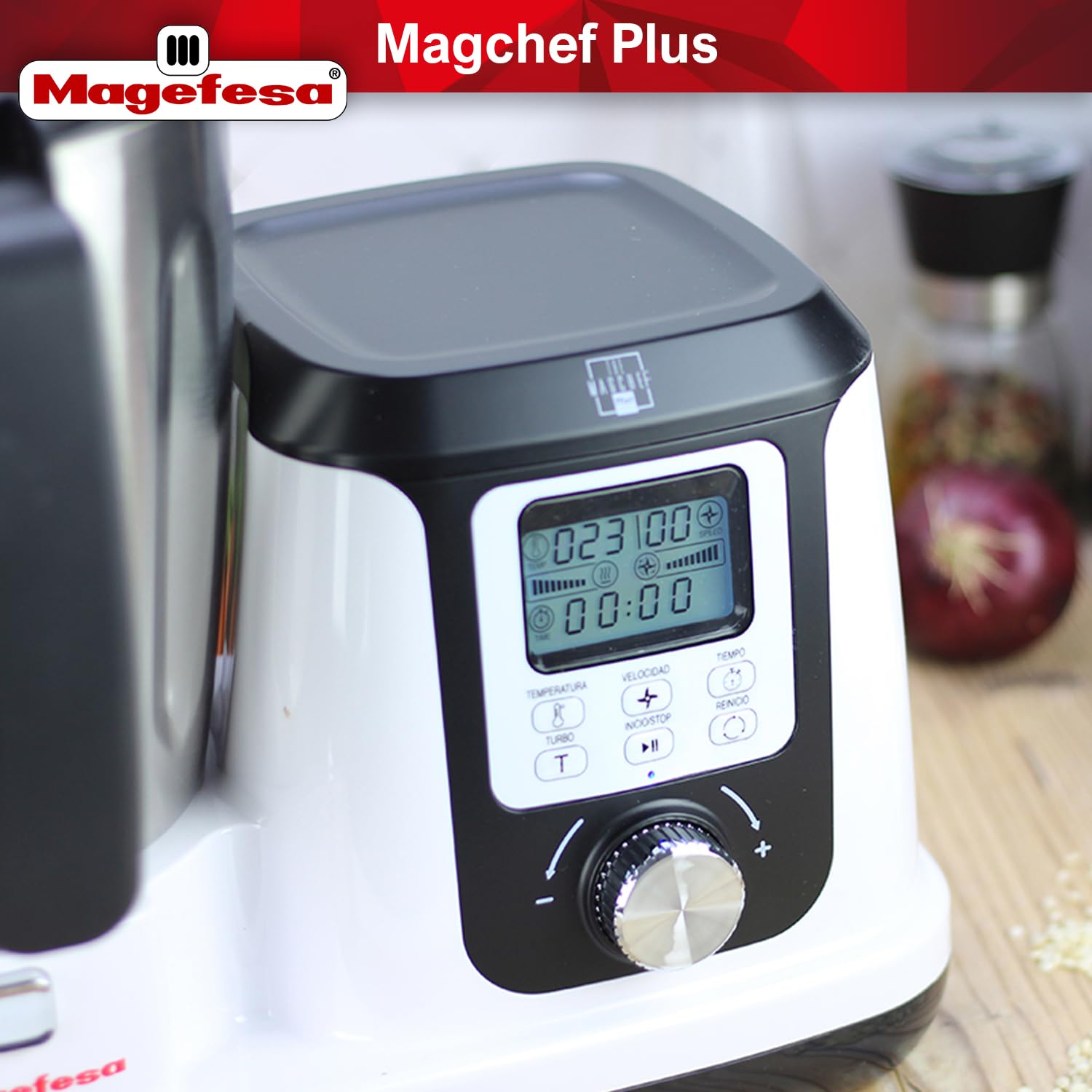 Magefesa Magchef Plus - Robot de Cocina Multifunción Blanco, 3.3L, 23 Funciones, Recetario, Espátula, Batidor, Protector Cuchillas, Vaso Medidor