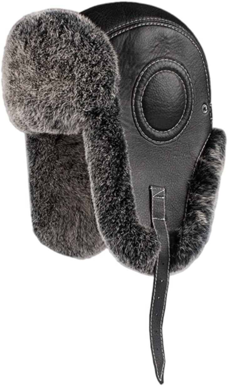 Mens Sheepskin Hat Genuine Rex Rabbit Hair Aviator Russian Ushanka Trapper Snow Hats Ear Flap Winter Warm