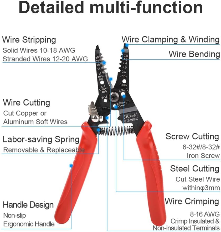 JRready ACT-WS30 Wire Stripper Stripping Clamping Accessory Tool 10-18AWG Solid 12-20AWG Stranded Electronic System Connector Application Multi Function Precise stripper Tool