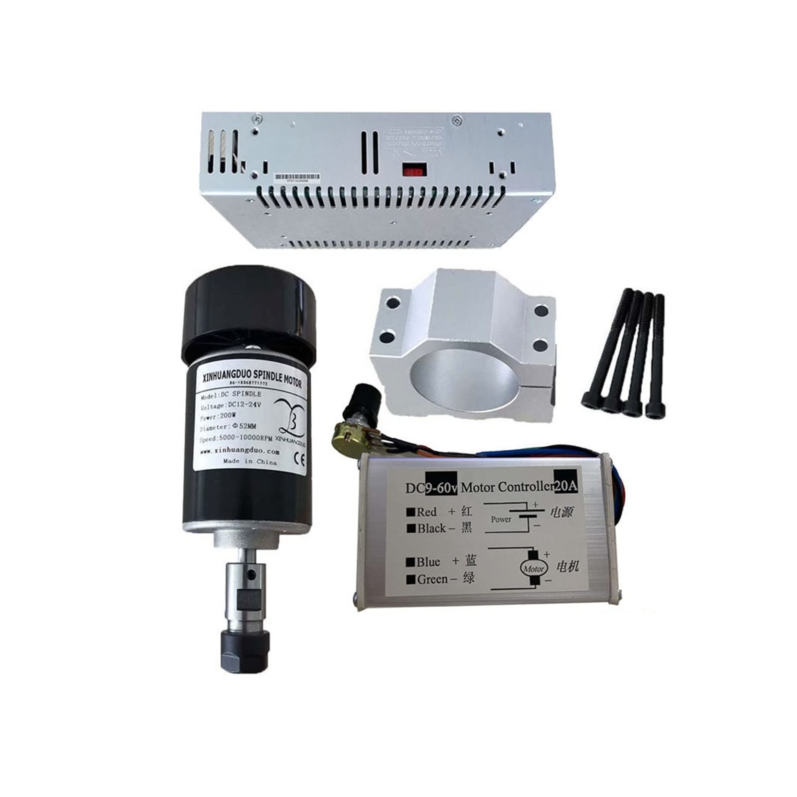 Mooilko Package 5 0.2Kw Air Cooled Spindle Er11 Chuck Cnc 200W Spindle Motor + 52Mm Clamps + Power Supply +Speed Governor For Diy Cnc 24V10000rpm Smooth Running(Package 5)