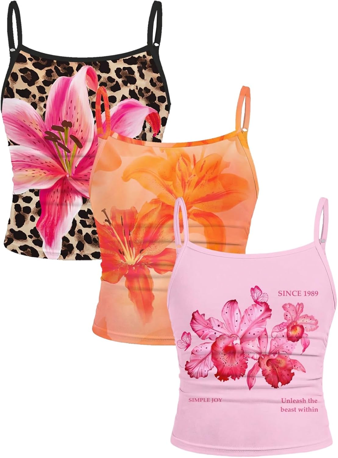 RoseSeek Girl's 3 Packs Cheetah Leopard Floral Tank Top Spaghetti Strap Fitted Summer Cute Camisole Tops