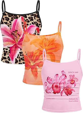 RoseSeek Girls 3 Packs Cheetah Leopard Floral Tank Top Spaghetti Strap Fitted Summer Cute Camisole Tops