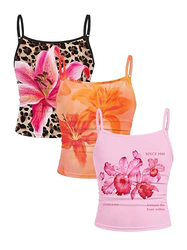 RoseSeek Girl's 3 Packs Cheetah Leopard Floral Tank Top Spaghetti Strap Fitted Summer Cute Camisole Tops