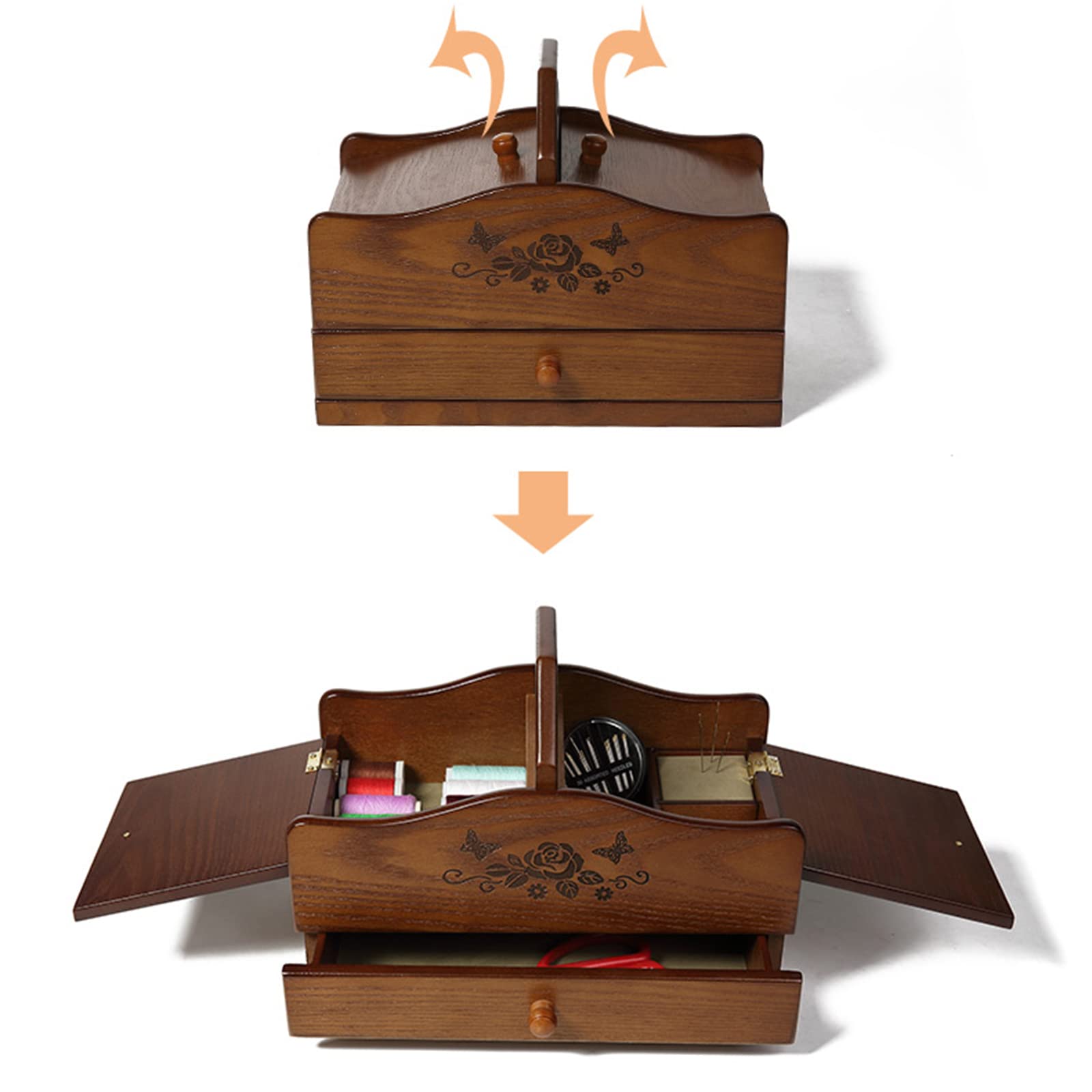Cesta De Costura De Madera, Caja De Almacenamiento Expandible para Agujas E Hilos, con Cajones Y Asa De Fácil Transporte, Herramientas De Costura para El Hogar Y Bordado (Caja Vacía)