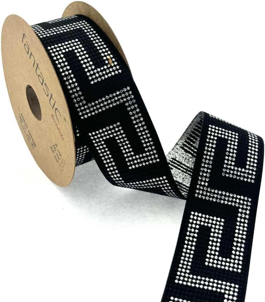 Sequin Pattern Glitter Woven Border Ribbon – 10m Roll | 100% Polyester Decorative Ribbon for Crafts, Sewing & DIY Projects (Black, Silver, Width : 2” Inch)
